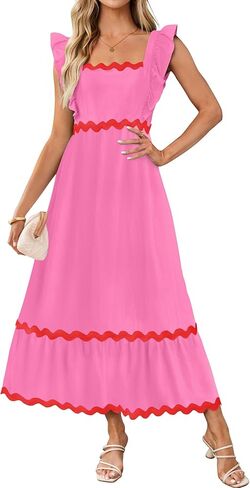 ZESICA فساتين صيفية نسائية بدون أكمام مكشكشة 2024 رقبة مربعة بدون ظهر بوهو فلوي ماكسي فستان الشمس مع جيوب in Kuwait