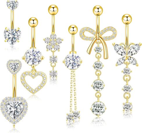 14G Belly Button Ring Dangle Belly Button Piercing Surgical Stainless Steel Belly Rings Cute CZ Heart Butterfly Flower Dangling Belly Piercing Jewelry for Women 7Pcs in Saudi Arabia