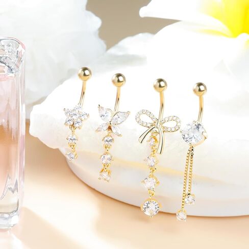 14G Belly Button Ring Dangle Belly Button Piercing Surgical Stainless Steel Belly Rings Cute CZ Heart Butterfly Flower Dangling Belly Piercing Jewelry for Women 7Pcs in Saudi Arabia