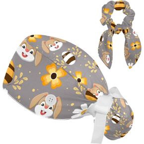 Cute Cat Scrub Caps for Women Surgical Caps Nurse Hat Ponytail Holder Long Hair