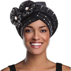 African Flower Turban Black Pre-Tied Headwrap Crystal Bonnet Beanie Cap Headbands for Women in Saudi Arabia