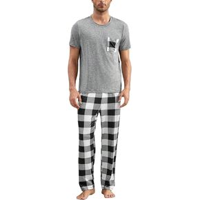 Verdusa Men's 2 Piece Loungewear Pajama Set Plaid Print Short Sleeve Tee Top and Pants Set