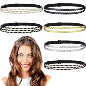 6 Pieces Elastic Braided Headbands No Slip Adjustable Headbands Stretchy Headbands for Women Strand Headband Plaited Hair Band Hippie Hair Accessory for Girl (Double Triple Strand, Mixed Material)