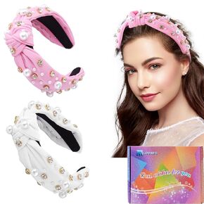 Womens Headbands,Valentine’s Day Jeweled Headband Knotted Head Bands No Slip Fashion for Women Girls Wide Top Knot Turban Hair Bands Hair Hoops (White Pink Knot Hairband)
