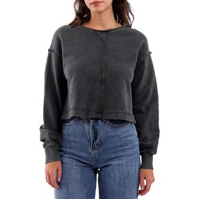 Amazhiyu Womens Pullover Washed Cropped Sweatshirt Crew Neck Fall Crop Top