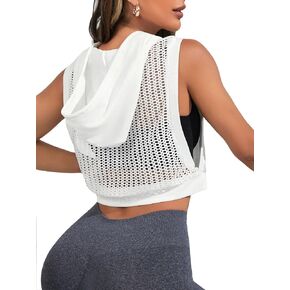 Milumia Women's Drawstring Fishnet Sleeveless Hoodie Crop Top Workout Gym Athletic Hooded Top
