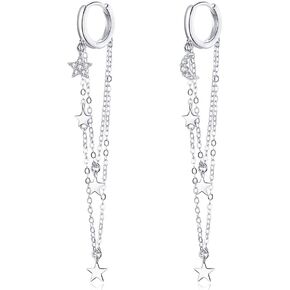 Delicate CZ Star Crescent Moon Sterling Silver Small Hoop Earrings for Women Girls Crystal Threader Tassel Chain Dangling Charm Tiny Star Drop Huggie Hoops Stud Earring Cute Jewelry Gifts