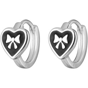 Cute Heart Bow Small Hoop Earrings for Women Girls 925 Sterling Silver Hypoallergenic Dainty Black Enamel Tiny Love Hearted Bowknot Huggie Hoops Piercing Cuff Wrap Jewelry Fashion Gifts for Holiday Christmas Valentine