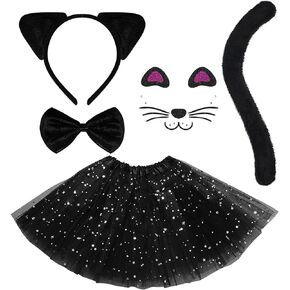 Hikkcos Cat Costume Cat Noir Costume Black Cat Ears and Tail Set for Girls Halloween kitty Cosplay