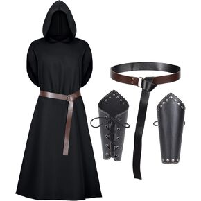 Renaissance Hooded Knight Robe Warror Cloak Medieval Fancy Cool Cosplay Costume Bracers Belt Accessories Set