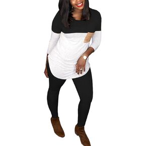 Akmipoem Women's Casual 2 Piece Outfits Color Block 3/4 Sleeve Pullover Tops and Bodycon Pants Tracksuit Sets