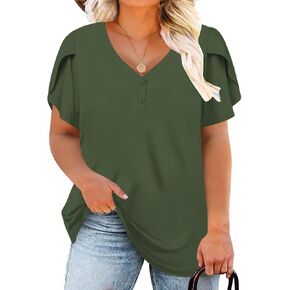 DOLNINE Womens Plus-Size Tops Petal Short Sleeve Shirts Summer Casual V Neck Loose Tee
