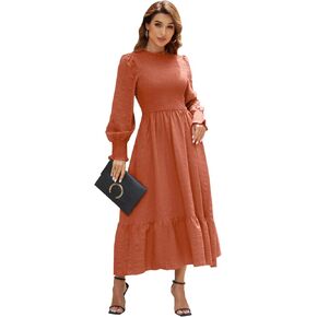 Women's Casual Fall Midi Dress Long Sleeve Crew Neck Smocked Tiered Flowy Long Dresses with Pockets