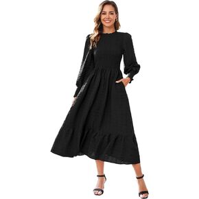 Women's Casual Fall Midi Dress Long Sleeve Crew Neck Smocked Tiered Flowy Long Dresses with Pockets