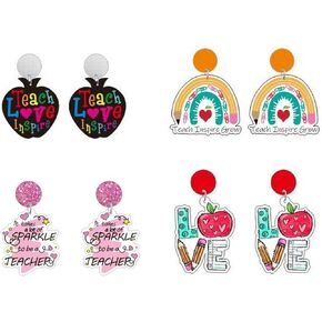 1/4 Pairs Teacher Stud Drop Dangle Earrings Acrylic Rainbow Pencil Apple Colorful Creative Funny Back To School Jewelry Teacher Appreciation Gifts Love Teachers