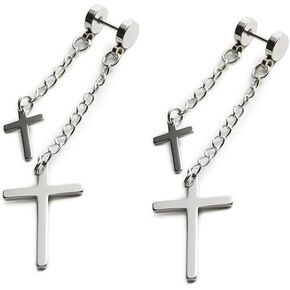 16g Double Chain Cross Threader Tassel Dangle Drop Barbell Cartilage Stud Earrings for Men Women Boys Girls Stainless Steel Piercing Dangling Flat Screw Back Punk Hypoallergenic Fashion Faith Jewelry