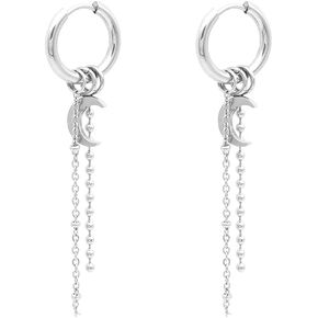 أقراط دائرية من الفولاذ المقاوم للصدأ للرجال والنساء سلسلة القمر تتدلى أقراط طويلة باللون الأسود والفضي in Kuwait