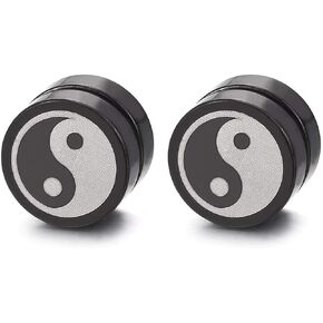 Men 10MM Magnetic Silver Black Circle Yin Yang Stud Earring Non-Piercing Clip On Fake Ear Plug