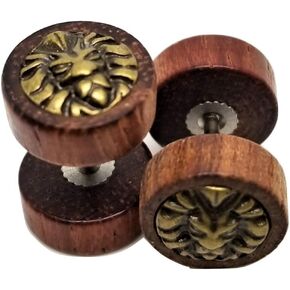 Organic Wood w/Metal Lion Emblem Stud Post Earrings - New - Pair!