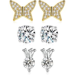 3 Pair Stud Earings Set 18K White Gold Hypoallergenic Cubic Zirconia CZ Stud Earring for Women and Men Pack of 3