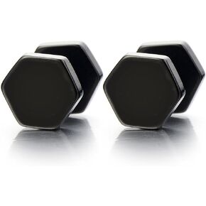 2pcs Hexagon Black Screw Stud Earrings for Men Women, Stainless Steel Cheater Fake Ear Plugs Gauges