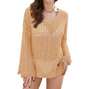 Ivicoer Mesh V Neck Bathing Suit Cover Ups For Women Flare Sleeve Beach Cover Up Net S-XL