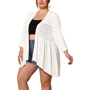 Agnes Orinda Plus Size Women's 3/4 Sleeve Lace Panel High-Low Hem Cardigan Open Front Beach Summer Cover Up