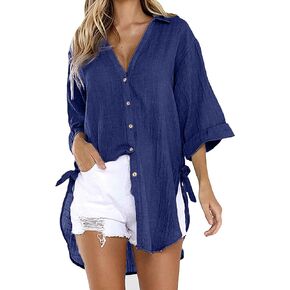 Zontroldy 3/4 Sleeve Shirts for Women Summer Oversized Button Down Swimsuit Beach Bathing Cover Ups Shirt Blouse Tops