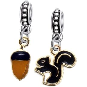 Set of 2 Dangle Squirrel and Acorn Charm Bead