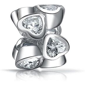 Cubic Zirconia CZ Cluster Bezel Set Heart Spacer Charm Bead For Women For Teen .925 Sterling Silver For European Bracelet