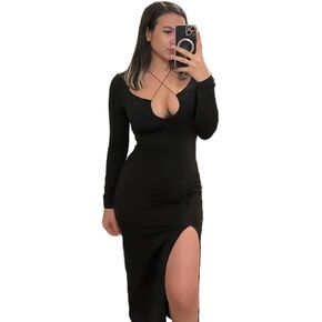 FAIMILORY Women's High Slit Long Sleeve Bodycon Midi Dress