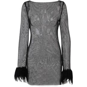 ZGMYC Women Sexy Sparkly Hollow Out Mesh Bodycon Dress Feather Long Sleeve Cocktail Club Mini Party Dress