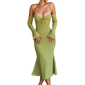 فستان نسائي مثير بدون أكتاف هالتر ميدي فستان Bodycon أنيق بربطة مضيئة وأكمام طويلة فساتين حفلات ذيل السمكة