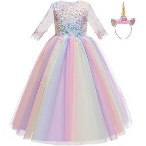 Girls Unicorn Costume Princess Long Maxi Tulle Dress w/Headband Birthday Party Carnival Cosplay Long Sleeve Outfits