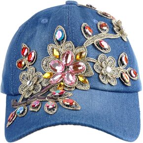 Elonmo Bling Hats for Women, Womens Colorful Lace Flowers Baseball Cap with Rhinestone Bling Hats Jeans Wash Denim