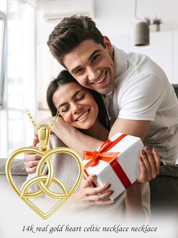 Cpckolf 14K Real Gold Heart Necklace with Celtic Knot for Women, Yellow Gold Irish Trinity Knot Celtic Triquetra Triangle Pendant Birthday Anniversary Mothers Valentine's Day Gifts for Wife Girlfriend in Kuwait
