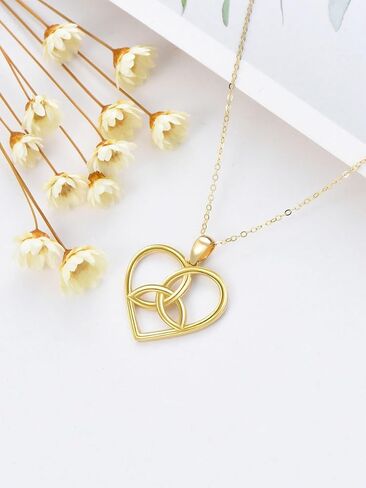Cpckolf 14K Real Gold Heart Necklace with Celtic Knot for Women, Yellow Gold Irish Trinity Knot Celtic Triquetra Triangle Pendant Birthday Anniversary Mothers Valentine's Day Gifts for Wife Girlfriend in Kuwait