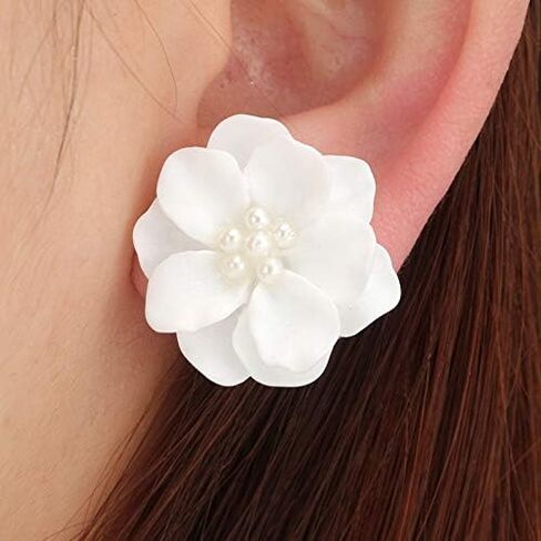 Camellia Pearl Stud Earrings for Women Teen Girls White Pearl Flower Earrings Preppy Earrings Hypoallergenic Boho Summer Holiday Beach Earrings in Saudi Arabia