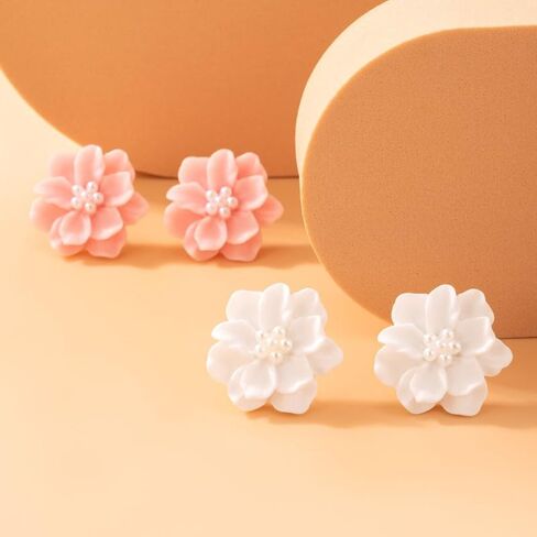 Camellia Pearl Stud Earrings for Women Teen Girls White Pearl Flower Earrings Preppy Earrings Hypoallergenic Boho Summer Holiday Beach Earrings in Saudi Arabia