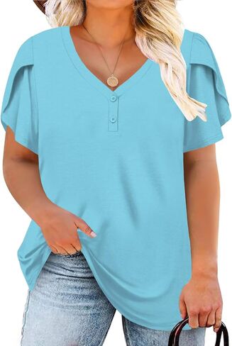 قمصان نسائية من DOLNINE بمقاس كبير وأكمام قصيرة بتلات صيفية كاجوال برقبة على شكل حرف V فضفاضة in Kuwait