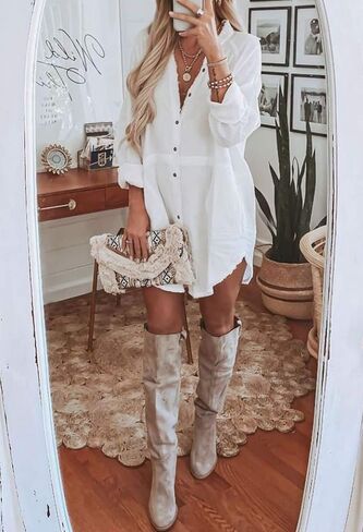 HUUSA Women's Button Down Shirt Dress Casual Loose Long Sleeve Swimsuit Cover Ups Oversized V Neck Mini Dresses with Pockets in Kuwait
