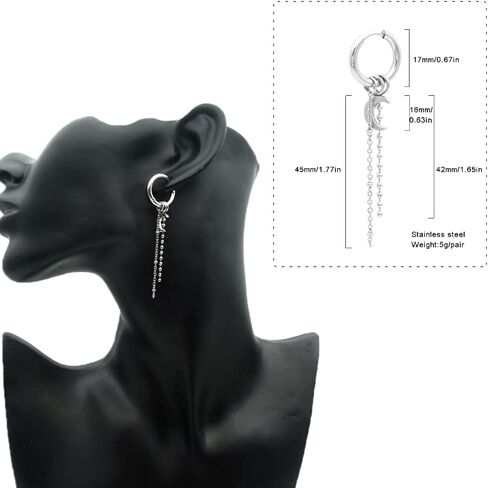 أقراط دائرية من الفولاذ المقاوم للصدأ للرجال والنساء سلسلة القمر تتدلى أقراط طويلة باللون الأسود والفضي in Kuwait