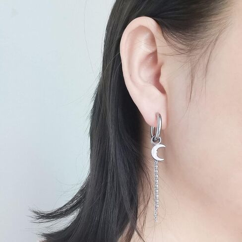 أقراط دائرية من الفولاذ المقاوم للصدأ للرجال والنساء سلسلة القمر تتدلى أقراط طويلة باللون الأسود والفضي in Kuwait