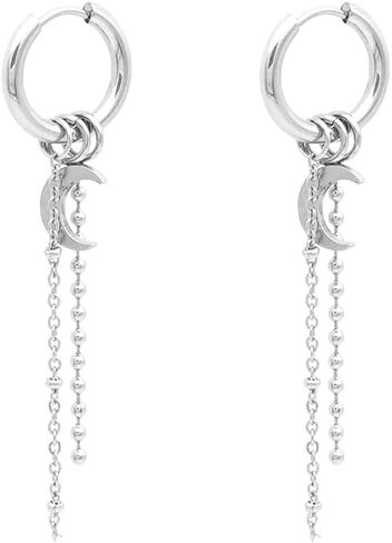 أقراط دائرية من الفولاذ المقاوم للصدأ للرجال والنساء سلسلة القمر تتدلى أقراط طويلة باللون الأسود والفضي in Kuwait