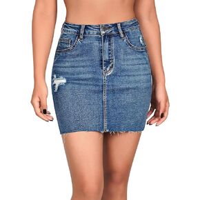 roswear Women's Chic Frayed Hem Mid Rise Denim Mini Skirt with Pockets