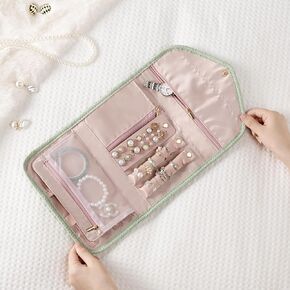 Travel Jewelry Roll Foldable Jewelry Organizer Case for Journey-Rings, Necklaces, Earrings, Bracelets, PU Materail, Green