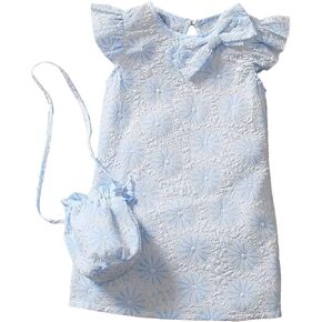 OYOANGLE Girl's Floral Jacquard Cap Sleeve Round Neck Ruffle Trim Dress Knee Length Tunic Dress