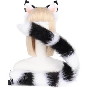 QinRuan Animal Cosplay Costume Accessories Furry Faux Fur Cat Ears Headband and Fox Tail Set Halloween Accessory