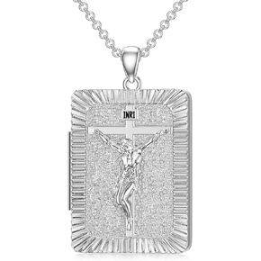 SOULMEET Personalized 10K 14K 18K Solid White Gold/Silver Rectangle Locket That Holds Picture Custom Large Crucifixion Cross Locket Necklace Gift for Men Women
