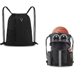 BeeGreen Drawstring-Gym-Bag for Men and Women Black Sport String Backpack With Water Bottle Mesh Pockets and Front Zippered Pocket 2 Pack